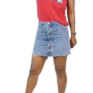 Newbury Kustom Denim Skirt Blue Jean Button Front Mini Rigid Frayed Size Small